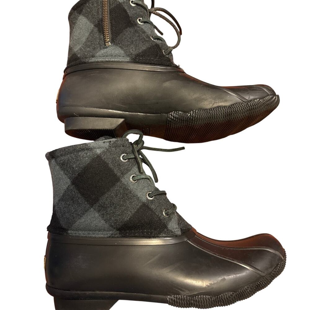 Sperry Saltwater Duck Boots Women’s 8 Black Gray Buffalo Check Winter Snow Rain